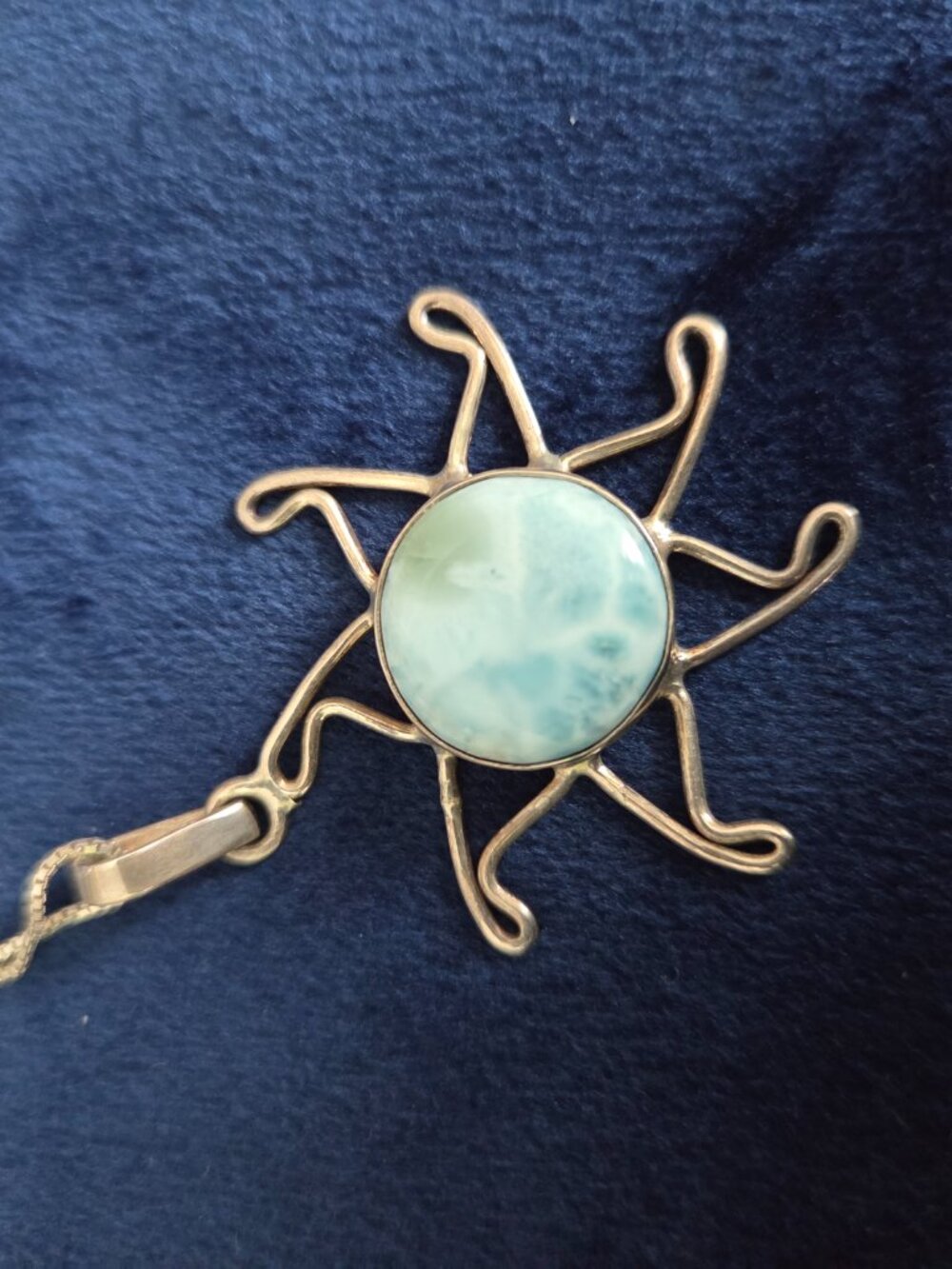 Large Larimar Sun Pendant Necklace 925 Sterling Silver Blue Gemstone